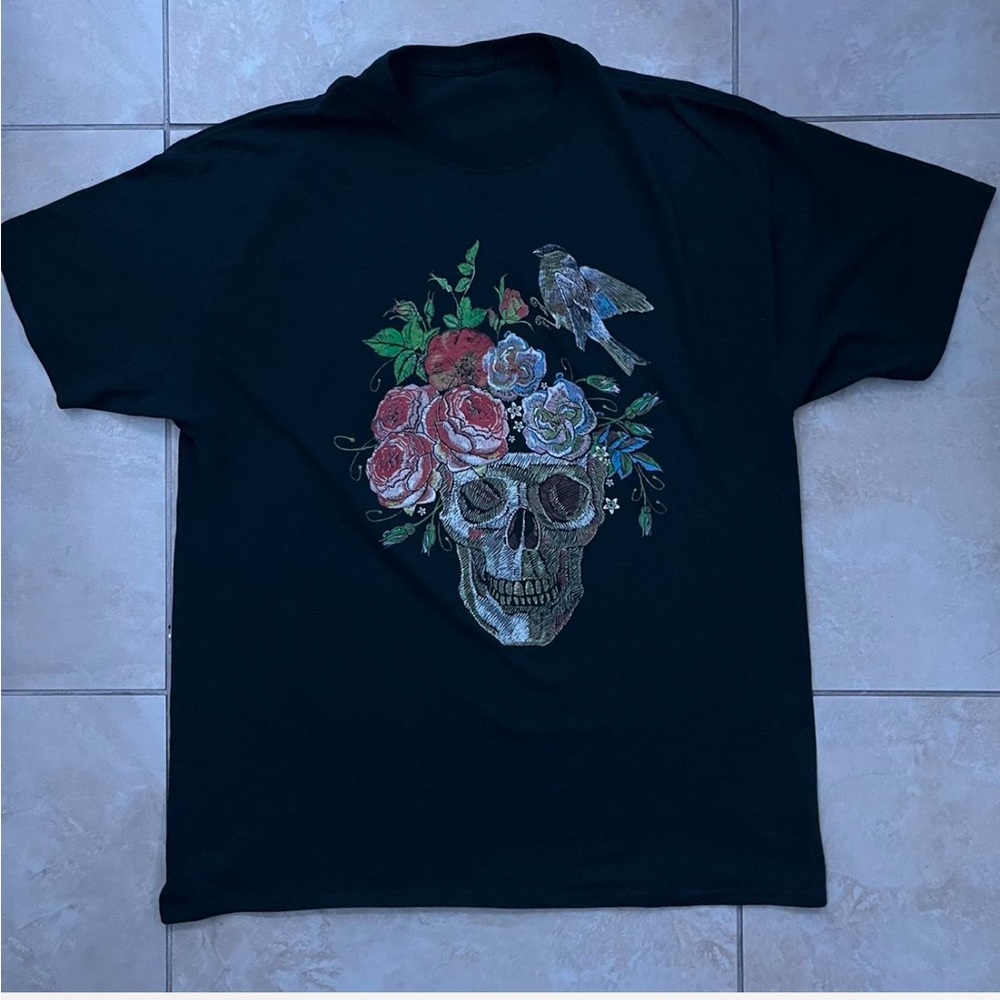 Black T-Shirt with Skull and Floral Design
